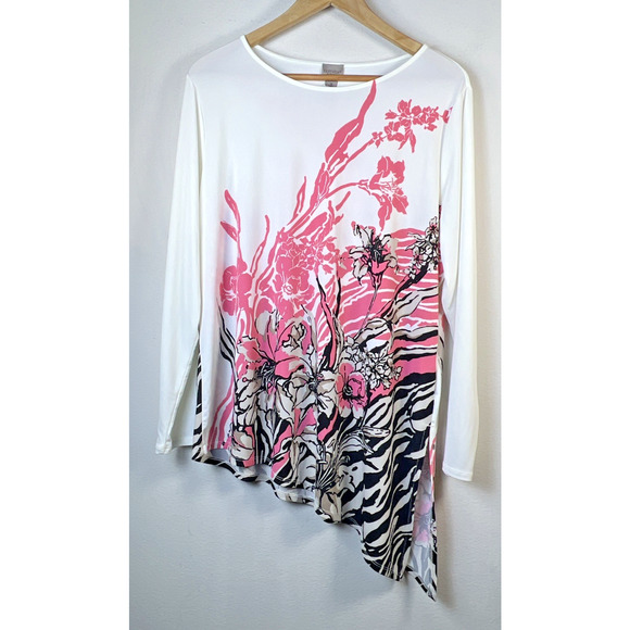 Chico's women's 3 XL White Pink Long Sleeves Asymmetrical Slit Side Top easywear - Picture 2 of 11